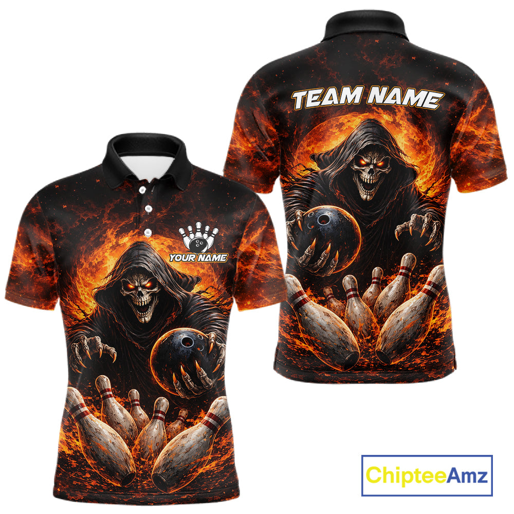 Personalized Skull Bowling Polo, 1/4 zip Jerseys Custom Black and Orange Bowling Team shirts