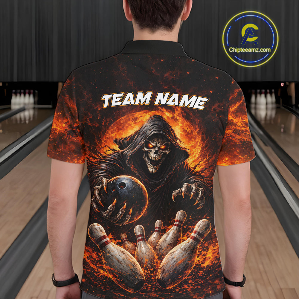 Personalized Skull Bowling Polo, 1/4 zip Jerseys Custom Black and Orange Bowling Team shirts