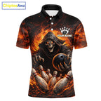 Personalized Skull Bowling Polo, 1/4 zip Jerseys Custom Black and Orange Bowling Team shirts