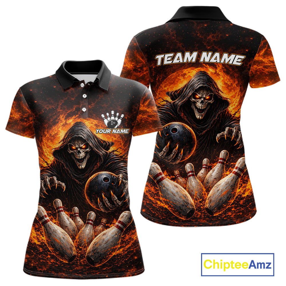 Personalized Skull Bowling Polo, 1/4 zip Jerseys Custom Black and Orange Bowling Team shirt