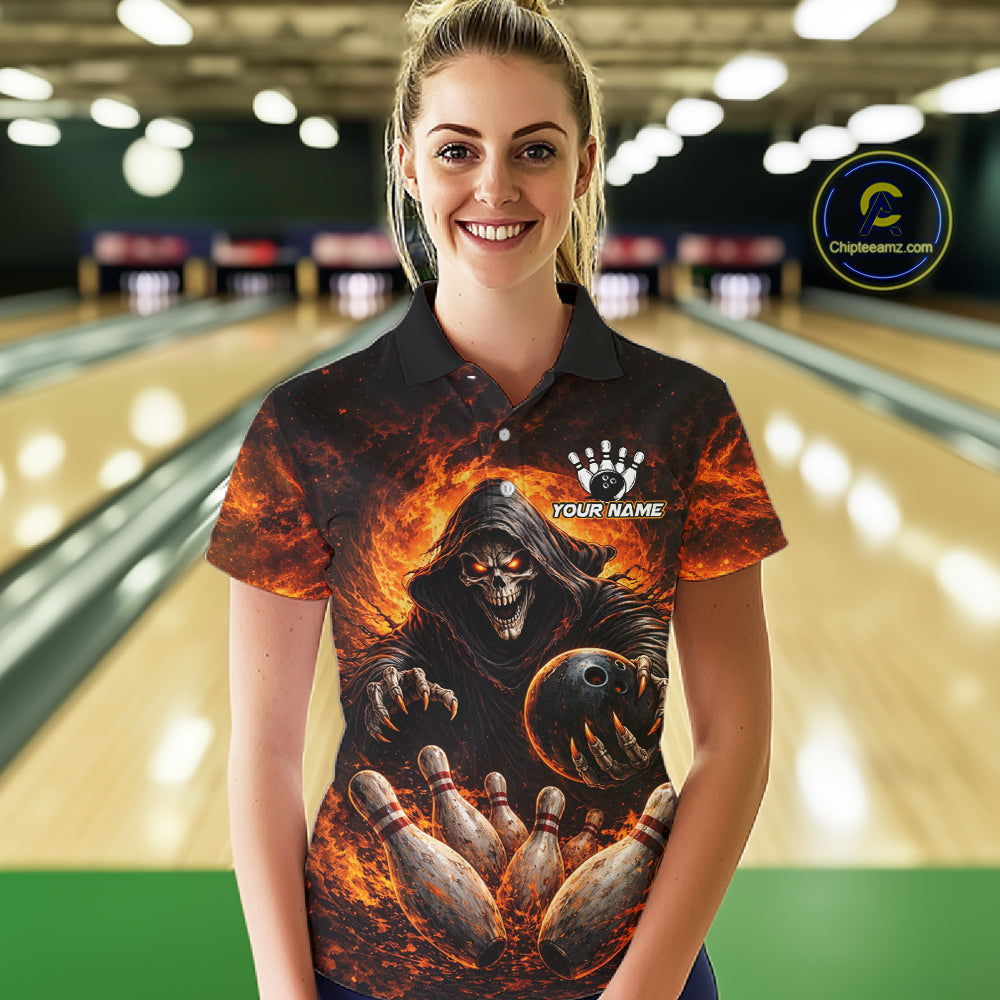 Personalized Skull Bowling Polo, 1/4 zip Jerseys Custom Black and Orange Bowling Team shirt