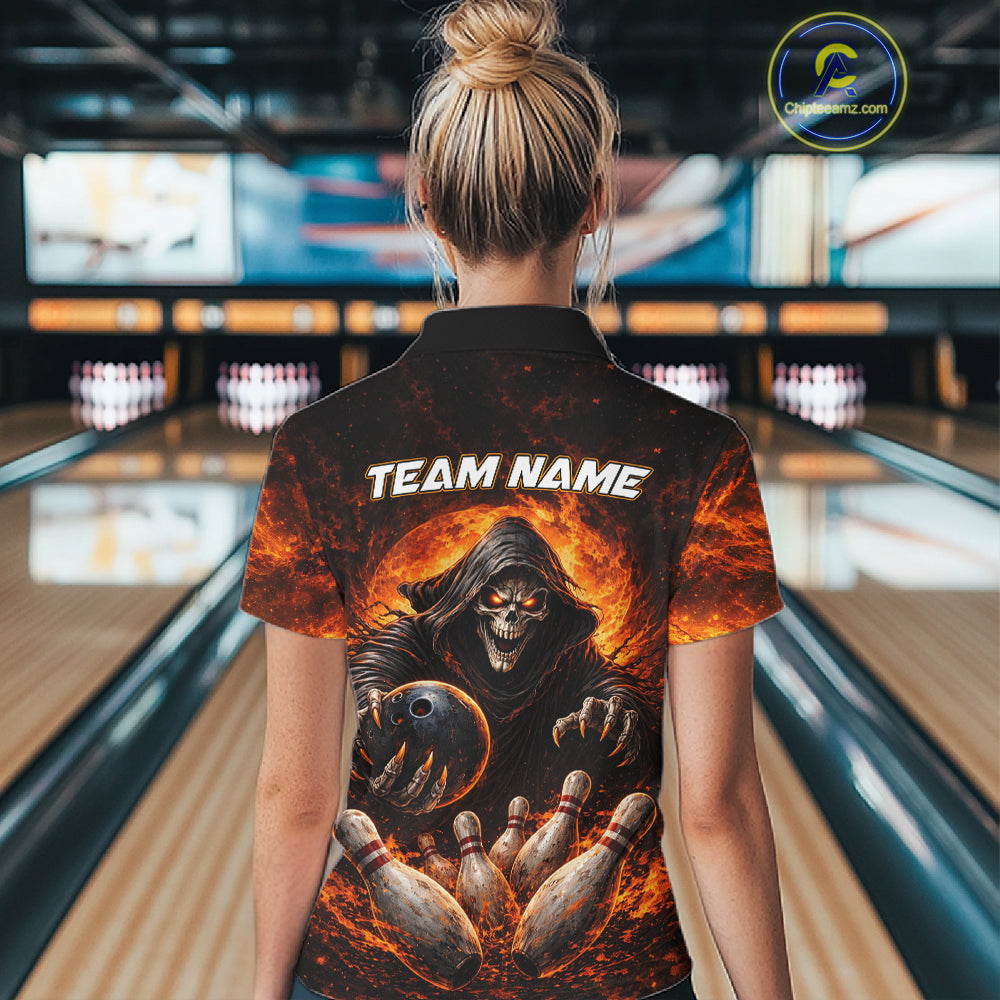 Personalized Skull Bowling Polo, 1/4 zip Jerseys Custom Black and Orange Bowling Team shirt
