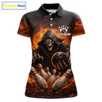 Personalized Skull Bowling Polo, 1/4 zip Jerseys Custom Black and Orange Bowling Team shirt