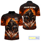 Personalized Skull Bowling Polo, 1/4 zip Jerseys Custom Black and Orange Bowling Team shirts