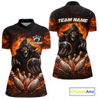 Personalized Skull Bowling Polo, 1/4 zip Jerseys Custom Black and Orange Bowling Team shirt
