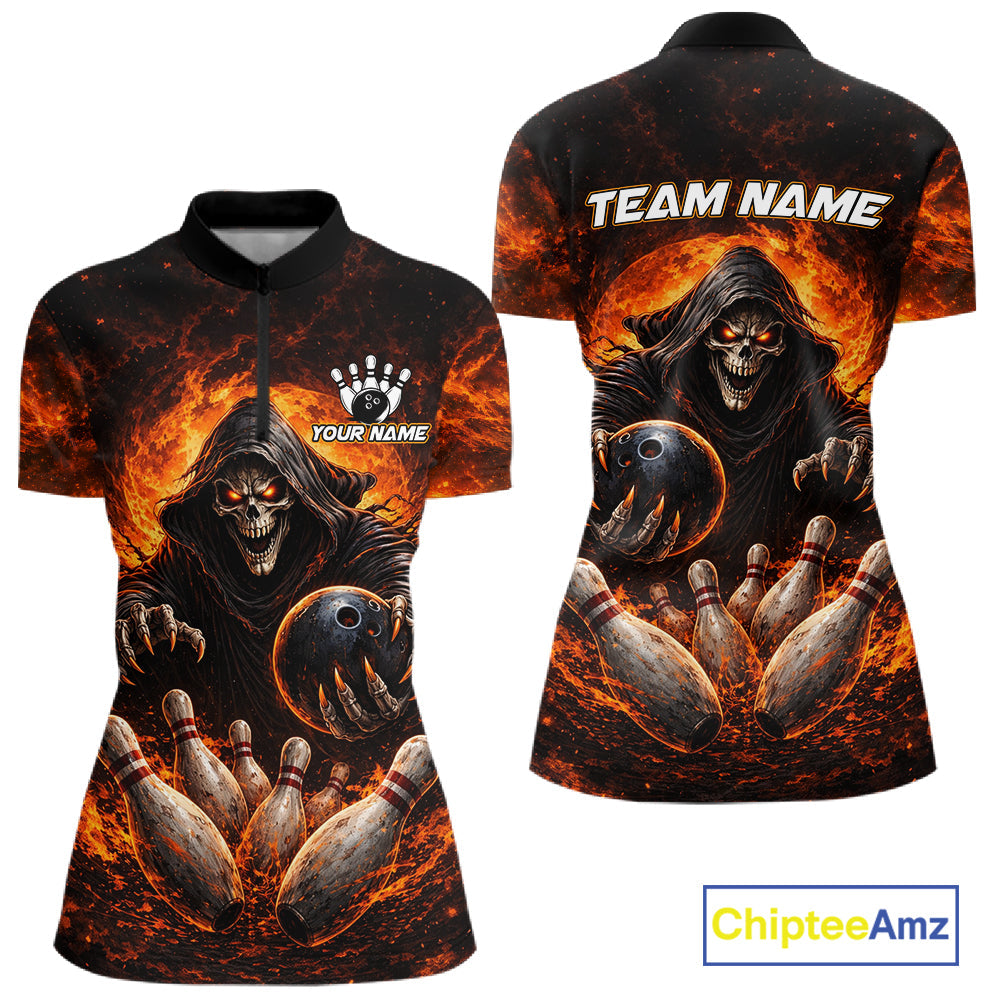 Personalized Skull Bowling Polo, 1/4 zip Jerseys Custom Black and Orange Bowling Team shirt
