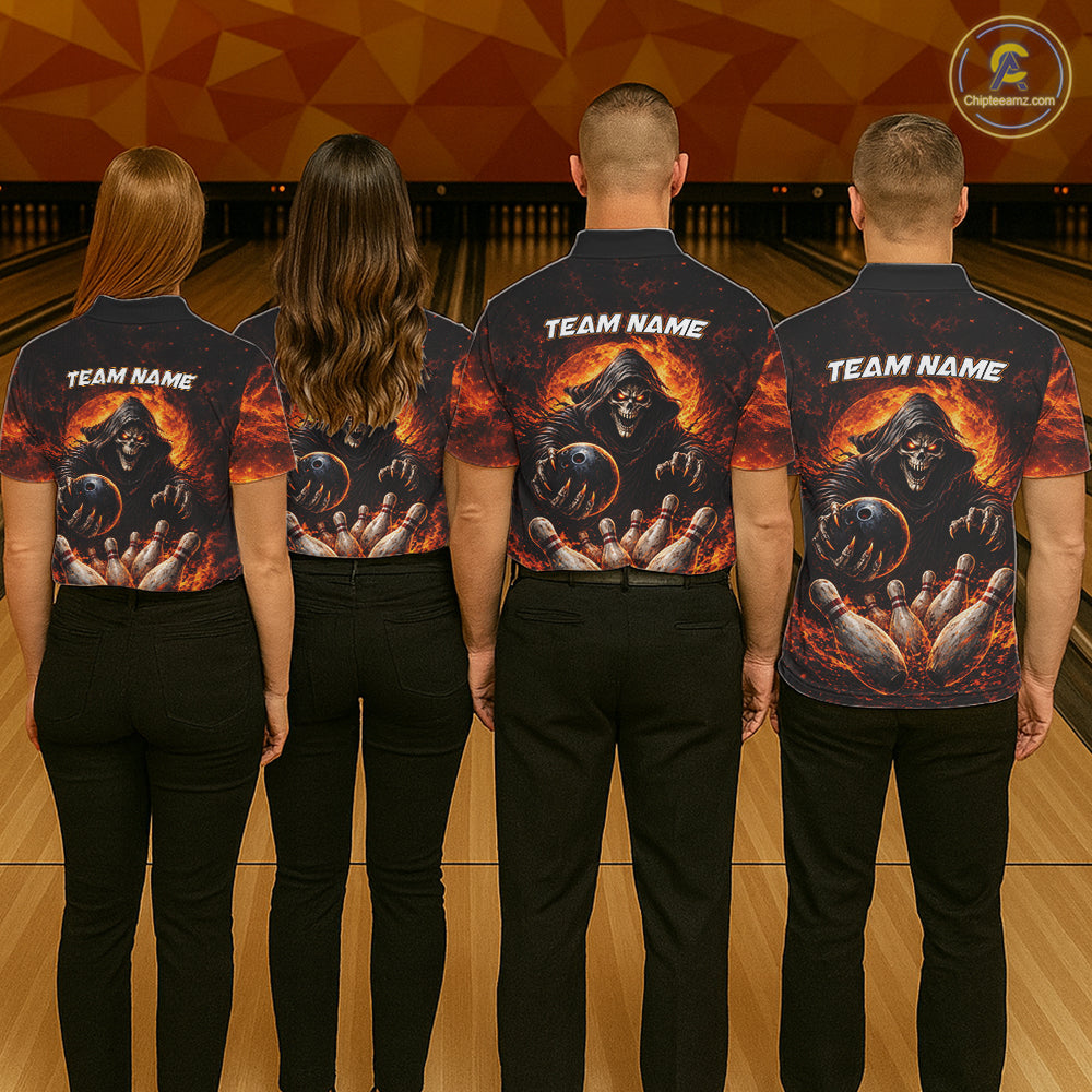 Personalized Skull Bowling Polo, 1/4 zip Jerseys Custom Black and Orange Bowling Team shirts
