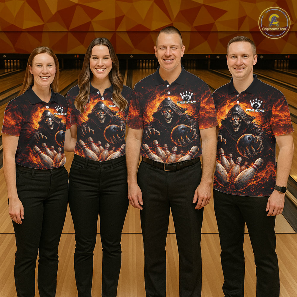 Personalized Skull Bowling Polo, 1/4 zip Jerseys Custom Black and Orange Bowling Team shirts