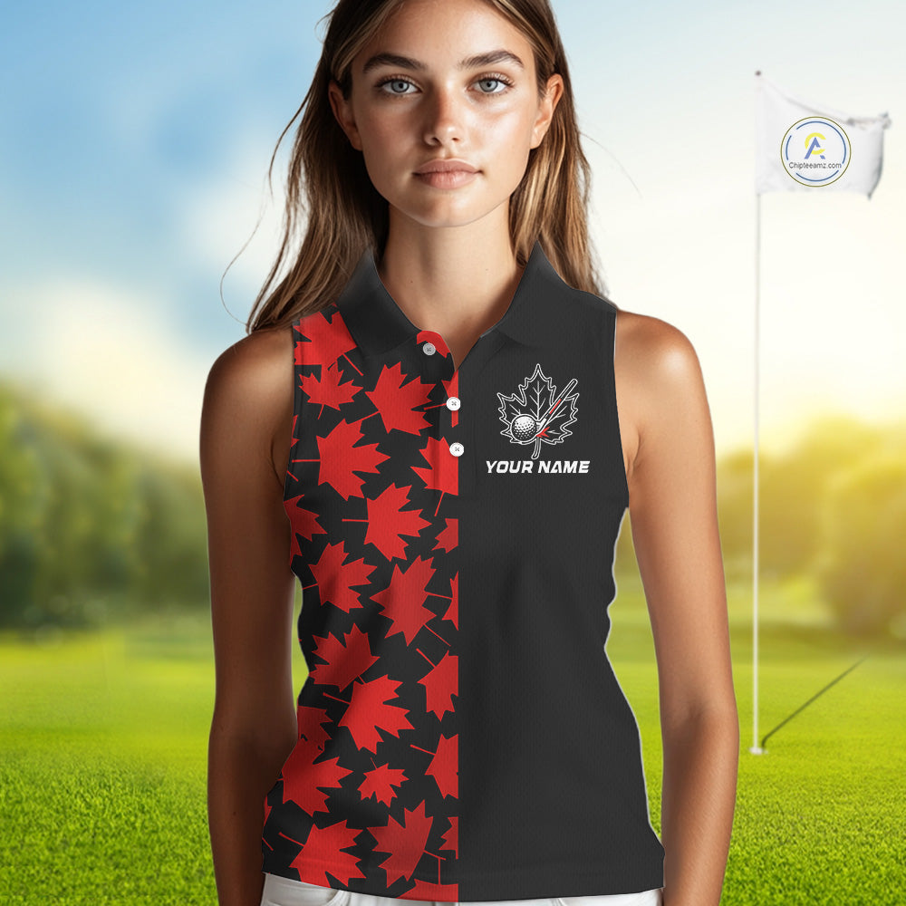 Black and Red maple leaf pattern sleeveless polo shirt Custom Canadian Flag patriotic golf top