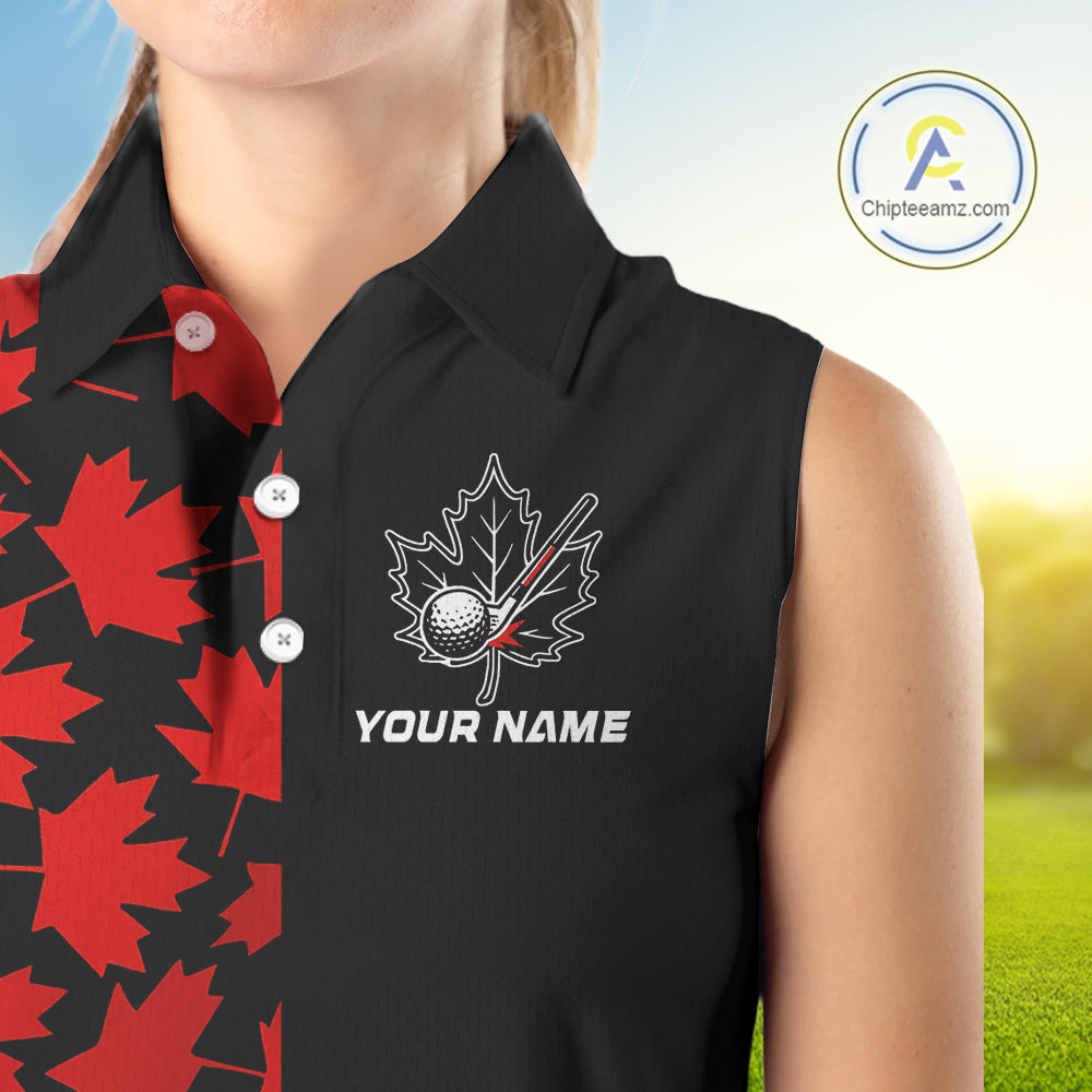 Black and Red maple leaf pattern sleeveless polo shirt Custom Canadian Flag patriotic golf top