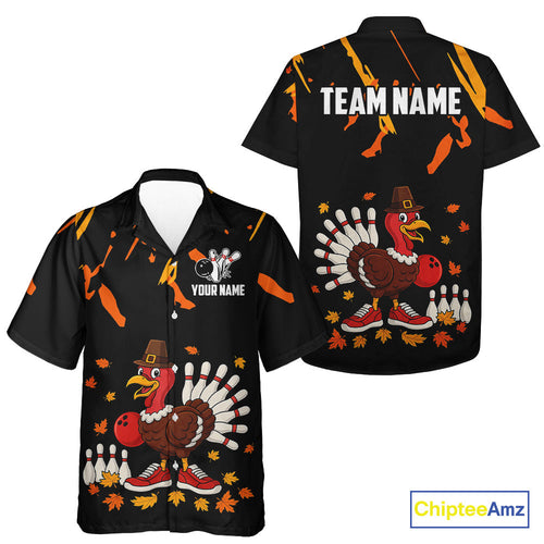 Custom Turkey Bowling Hawaiian Shirt Black & Orange Thanksgiving Autumn Team Bowling Button Up Shirt