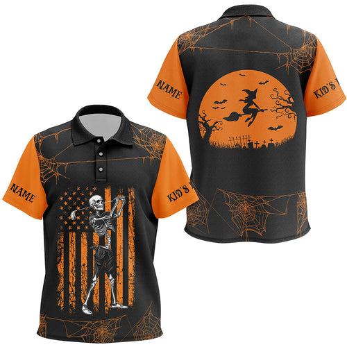 Black and Orange American Flag Halloween golf skull custom golf polo shirts, Halloween golf polo