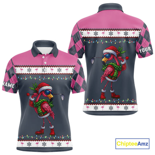 Pink argyle pattern Funny Christmas Flamingo golf polo shirt custom golf attire