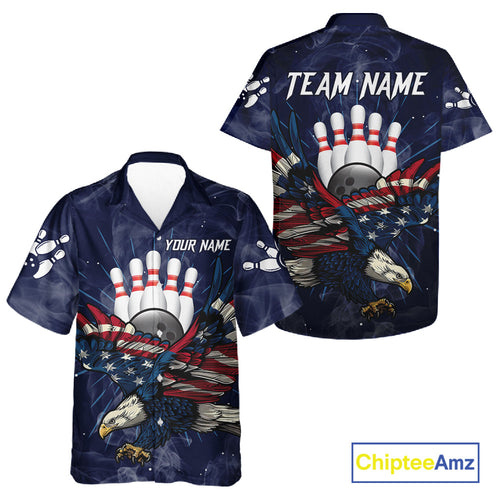 Blue Smoke American Flag Eagle Bowling Hawaiian Shirts Custom patriotic Bowling Team Jersey