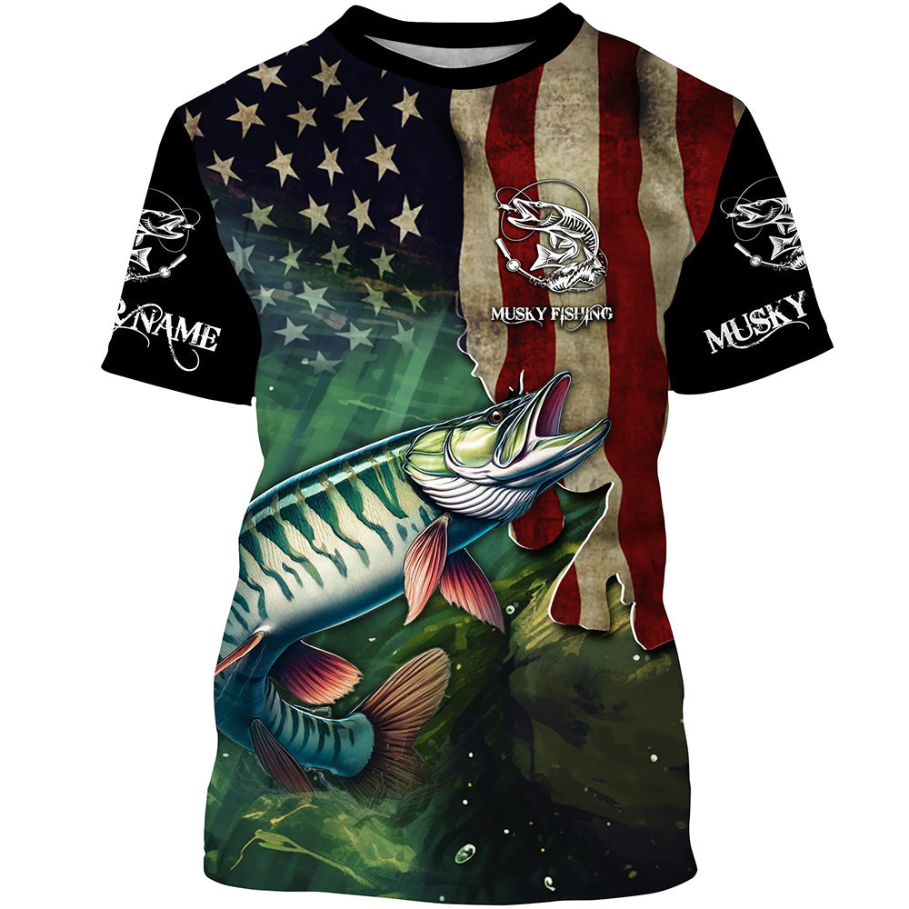 Musky Fishing American Flag Patriotic Customize fishing jerseys, personalized fishing gifts