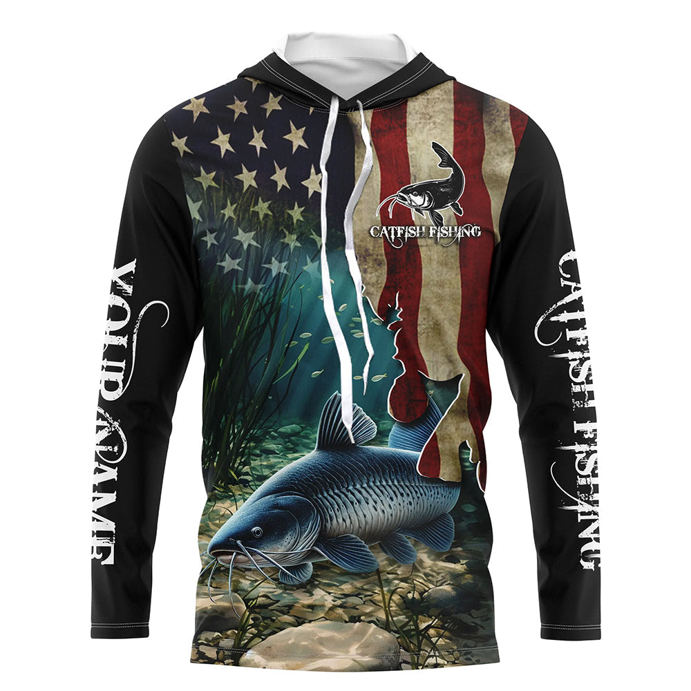 Catfish Fishing American Flag Patriotic Custom Long sleeve fishing shirt, personalized fishing gift