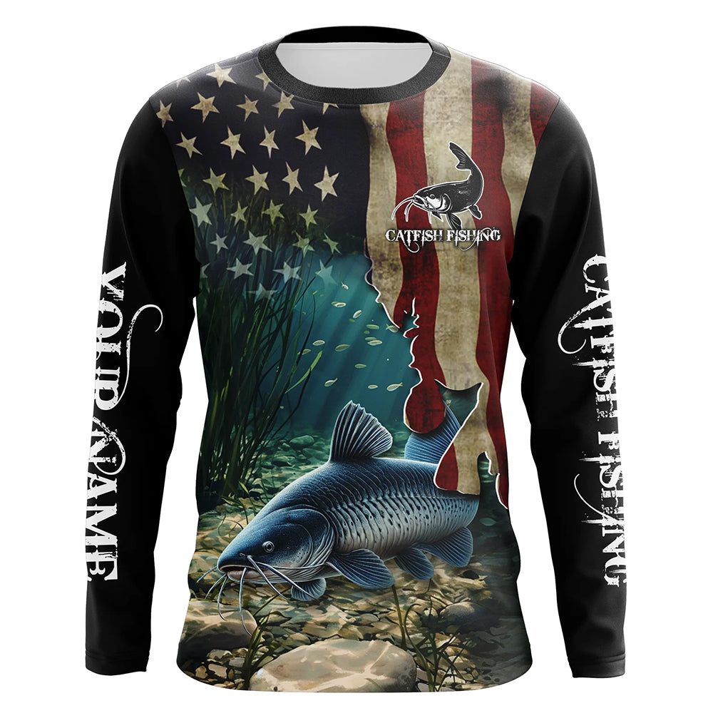 Catfish Fishing American Flag Patriotic Custom Long sleeve fishing shirt, personalized fishing gift
