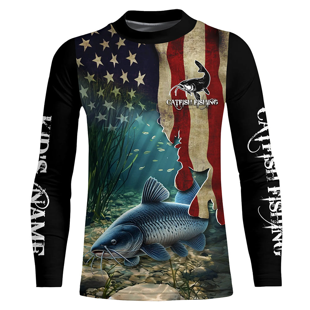 Catfish Fishing American Flag Patriotic Custom Long sleeve fishing shirt, personalized fishing gift