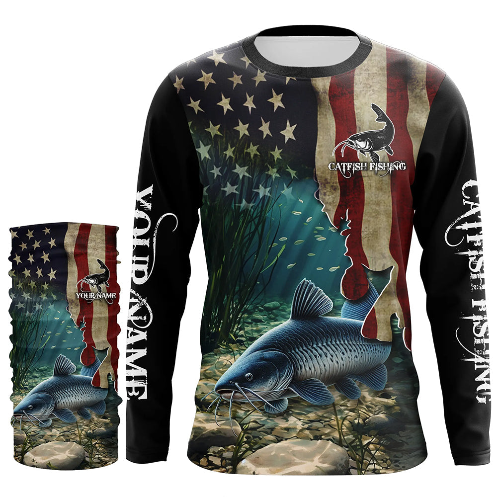 Catfish Fishing American Flag Patriotic Custom Long sleeve fishing shirt, personalized fishing gift