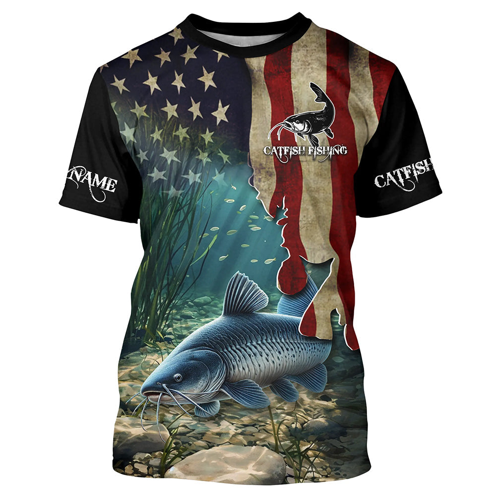 Catfish Fishing American Flag Patriotic Custom Long sleeve fishing shirt, personalized fishing gift