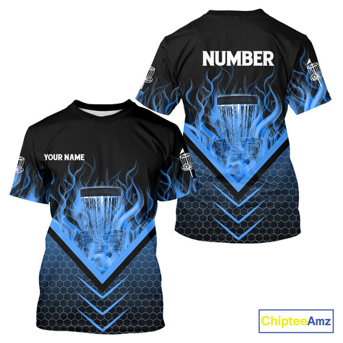 Black and Blue Fire Disc Golf T-Shirt custom flame disc golf basket jersey, disc golf shirt