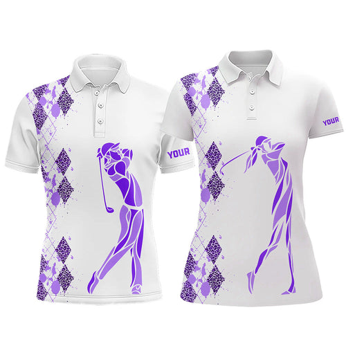 Purple Leopard argyle pattern matching golf shirt for couples custom his and hers matching golf outfit