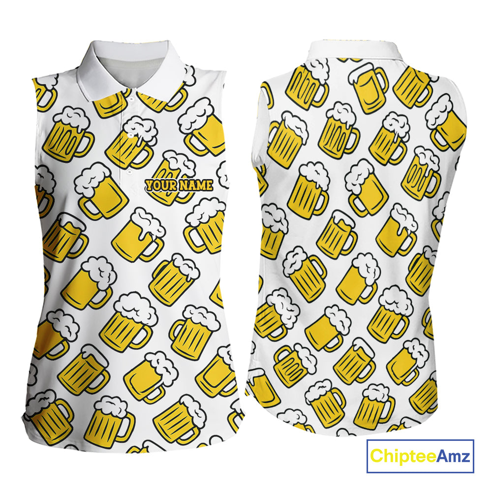 Funny Yellow beer pattern Sleeveless Polo shirt custom fun golf shirts, cool golf gifts