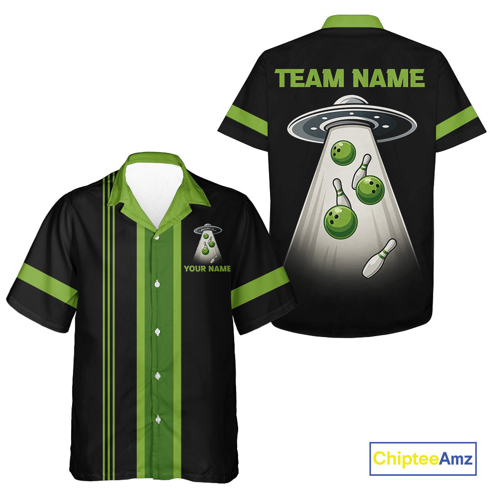 Black and Green ufo alien Retro Bowling Hawaiian shirt Custom Bowling Team button up shirt