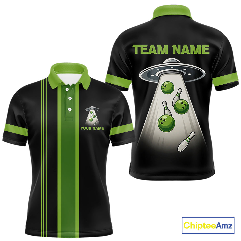 Black and Green ufo alien Retro Bowling Polo, Quarter Zip Shirts Custom Bowling Team Jersey