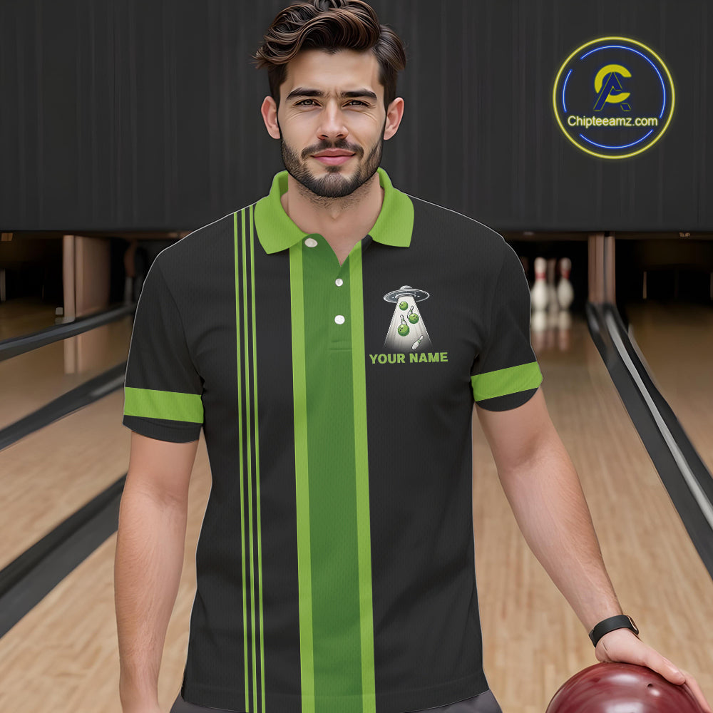 Black and Green ufo alien Retro Bowling Polo, Quarter Zip Shirts Custom Bowling Team Jersey