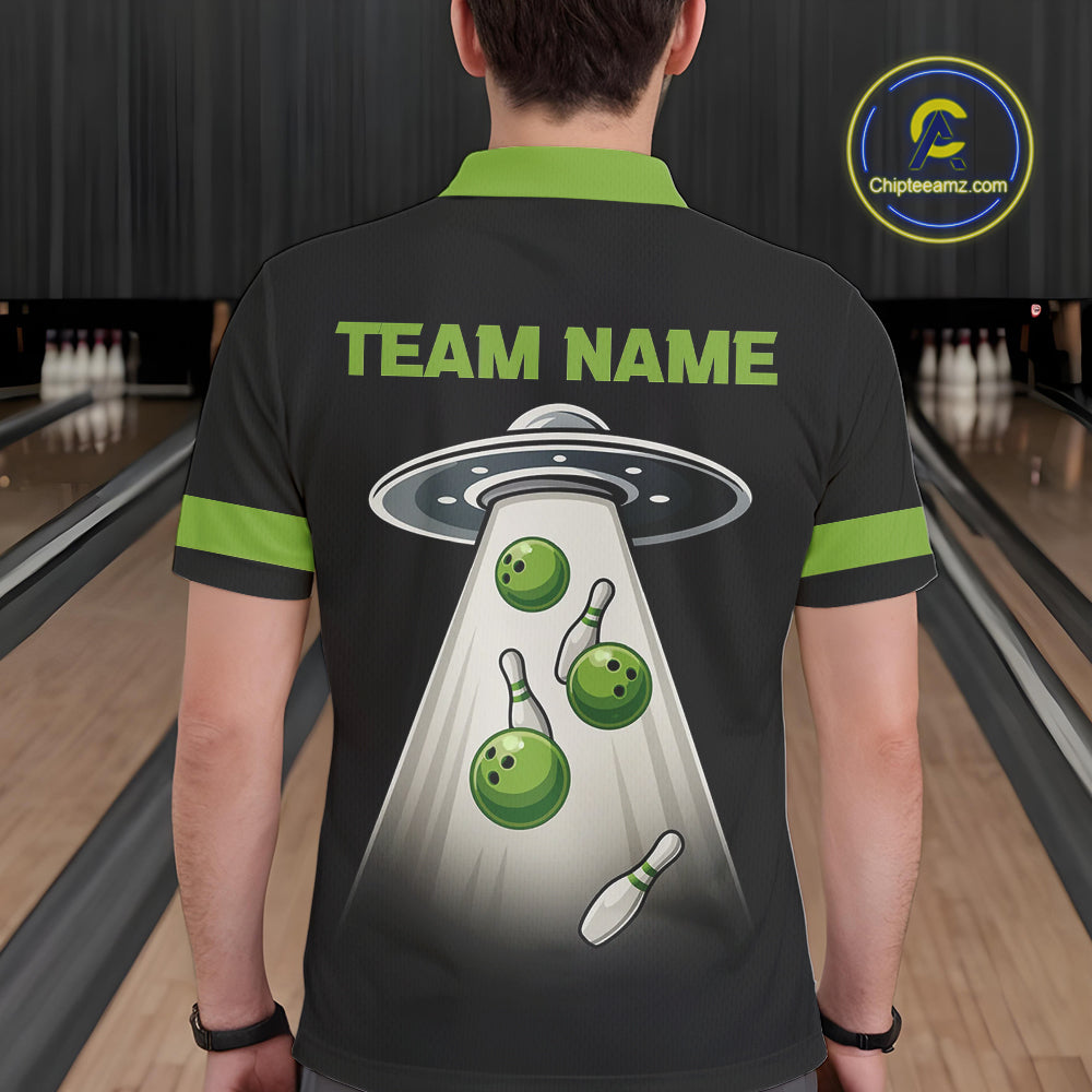 Black and Green ufo alien Retro Bowling Polo, Quarter Zip Shirts Custom Bowling Team Jersey