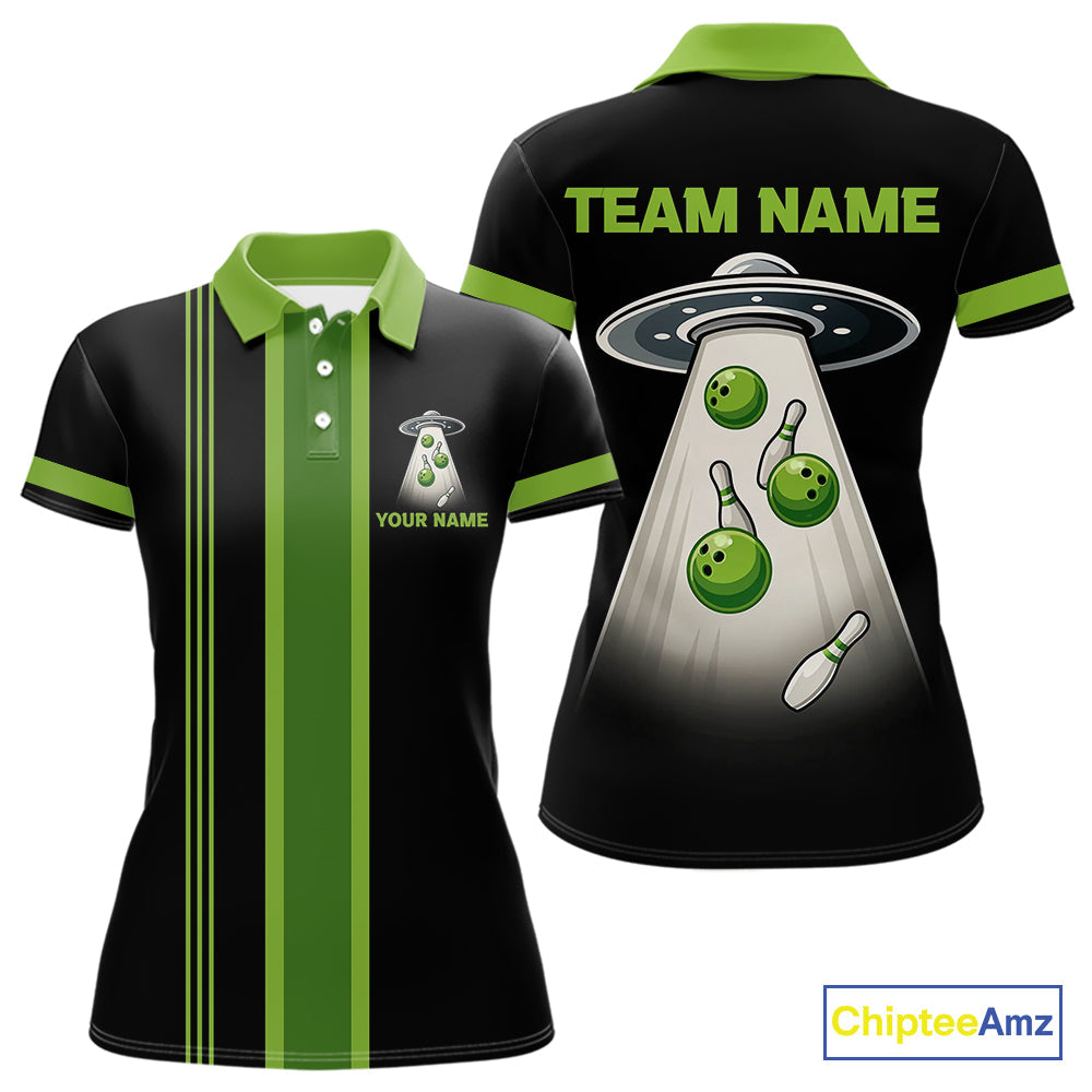Black and Green ufo alien Retro Bowling Polo, Quarter Zip Shirts Custom Bowling Team Jersey