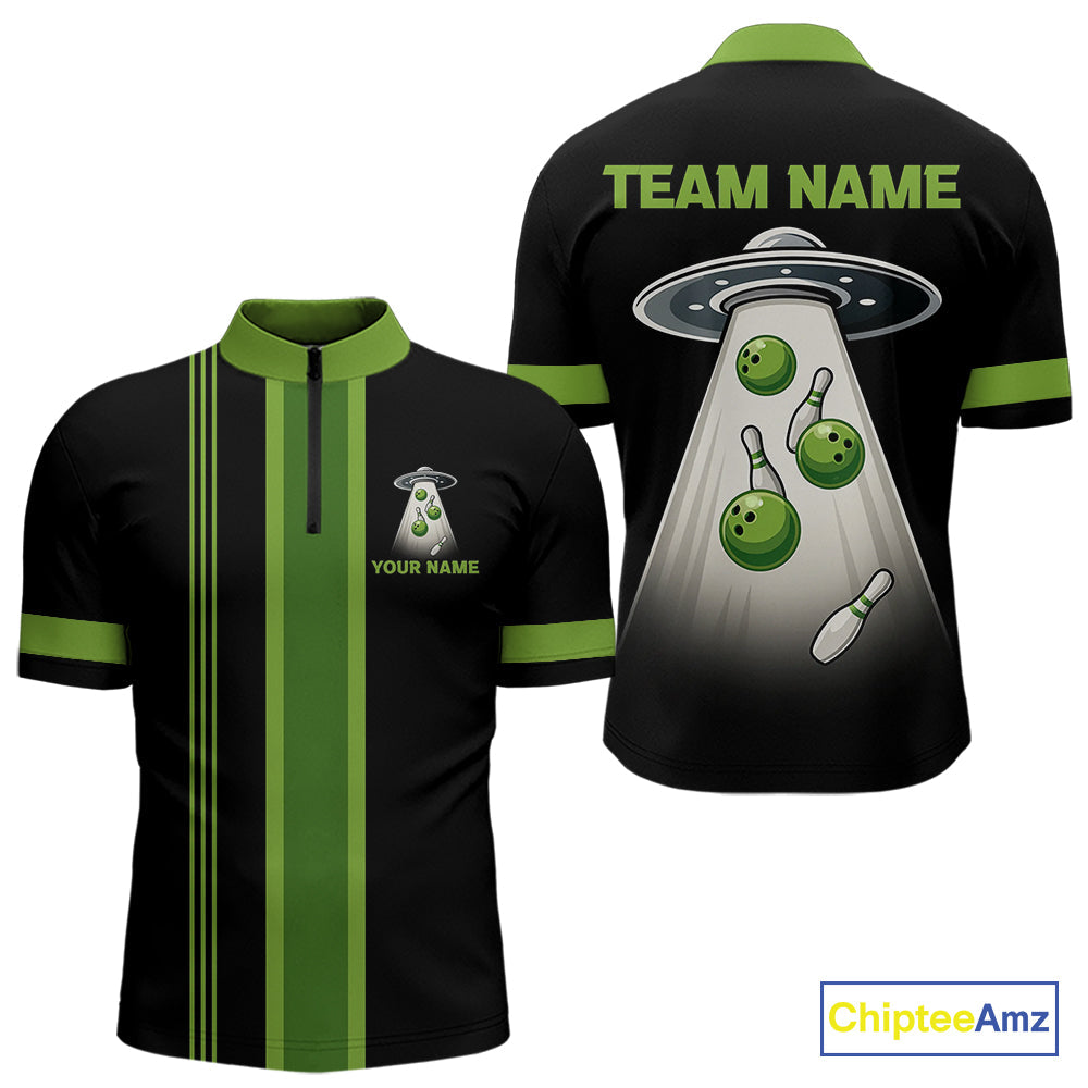 Black and Green ufo alien Retro Bowling Polo, Quarter Zip Shirts Custom Bowling Team Jersey