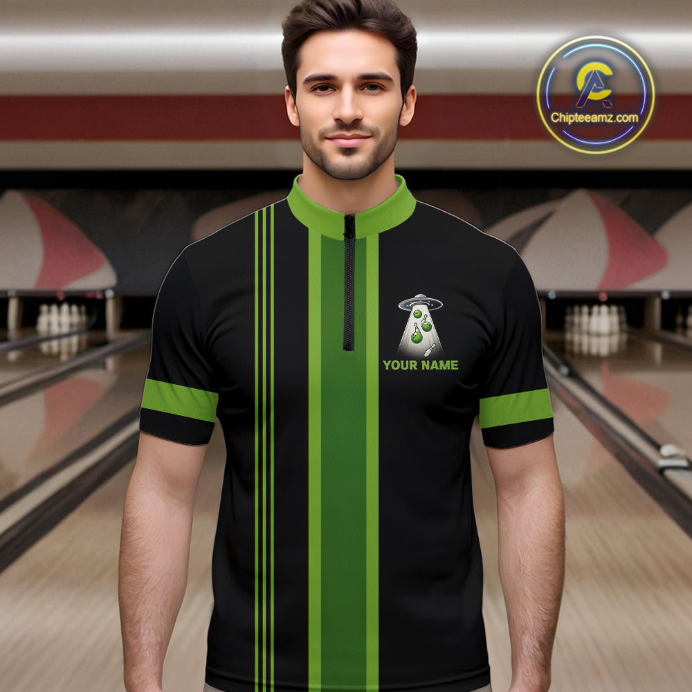 Black and Green ufo alien Retro Bowling Polo, Quarter Zip Shirts Custom Bowling Team Jersey