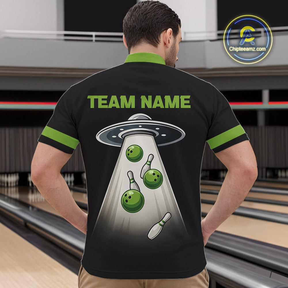 Black and Green ufo alien Retro Bowling Polo, Quarter Zip Shirts Custom Bowling Team Jersey