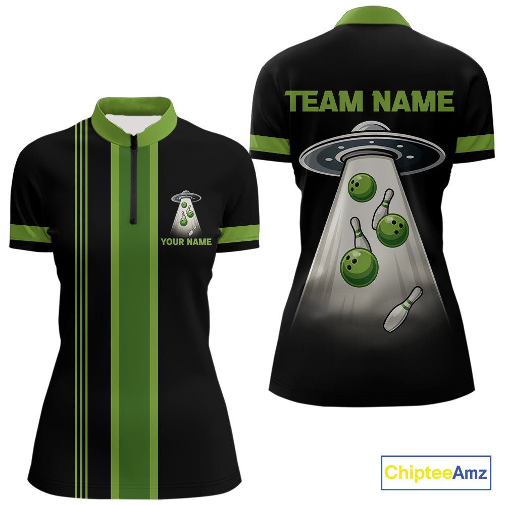 Black and Green ufo alien Retro Bowling Polo, Quarter Zip Shirts Custom Bowling Team Jersey