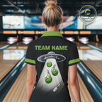 Black and Green ufo alien Retro Bowling Polo, Quarter Zip Shirts Custom Bowling Team Jersey
