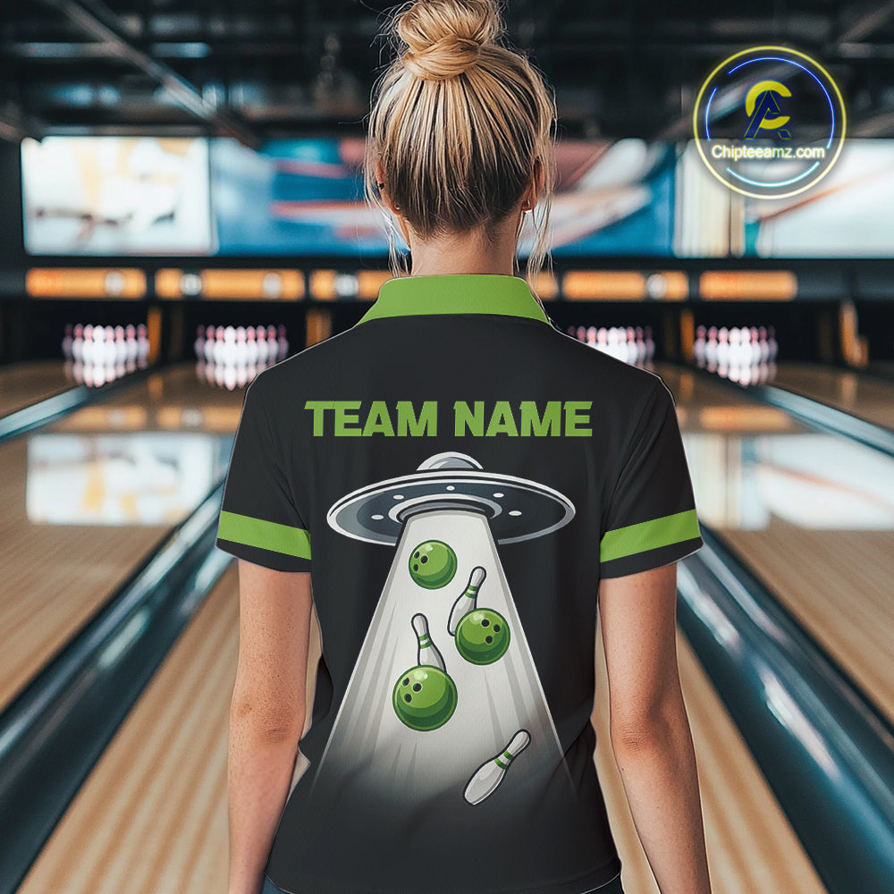 Black and Green ufo alien Retro Bowling Polo, Quarter Zip Shirts Custom Bowling Team Jersey