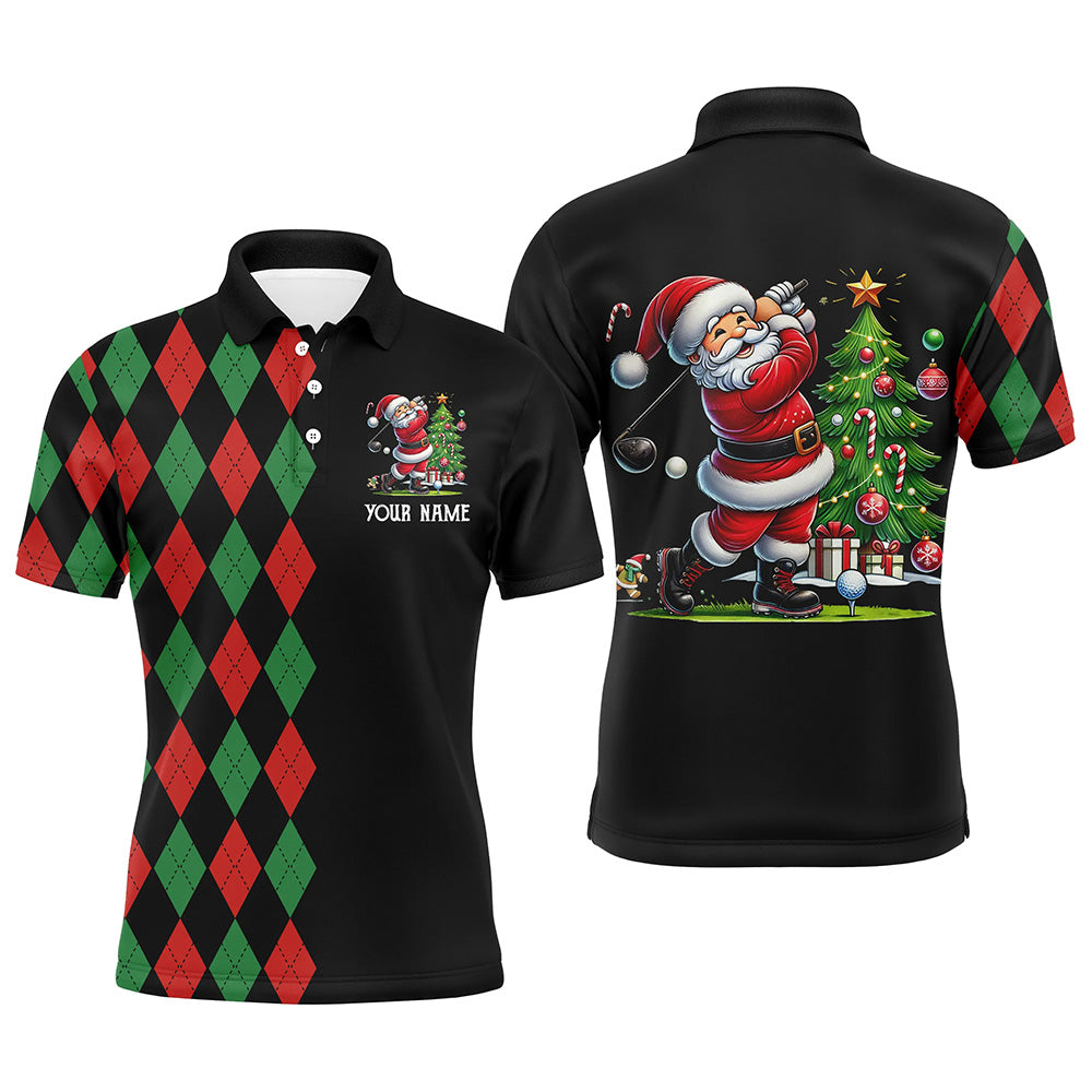Red and Green argyle pattern black golf polo shirt custom Christmas Santa golfer golf outfits