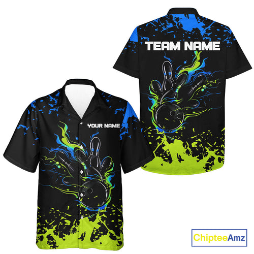 Personalized Black, Blue and Green Bowling Hawaiian Shirt, Bowling Ball & Pins Bowling Team Shirts