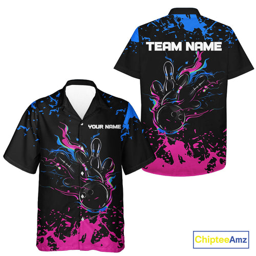 Personalized Black, Blue and Pink Bowling Hawaiian Shirt, Bowling Ball & Pins Bowling Team Shirts