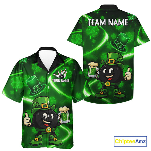 Green shamrock pattern Funny Bowling Hawaiian Shirts Custom St Patrick Day Lucky Team Bowling Jersey