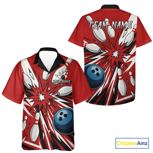 Custom Red Bowling Hawaiian Shirts, Team Bowling Uniforms League Shirts