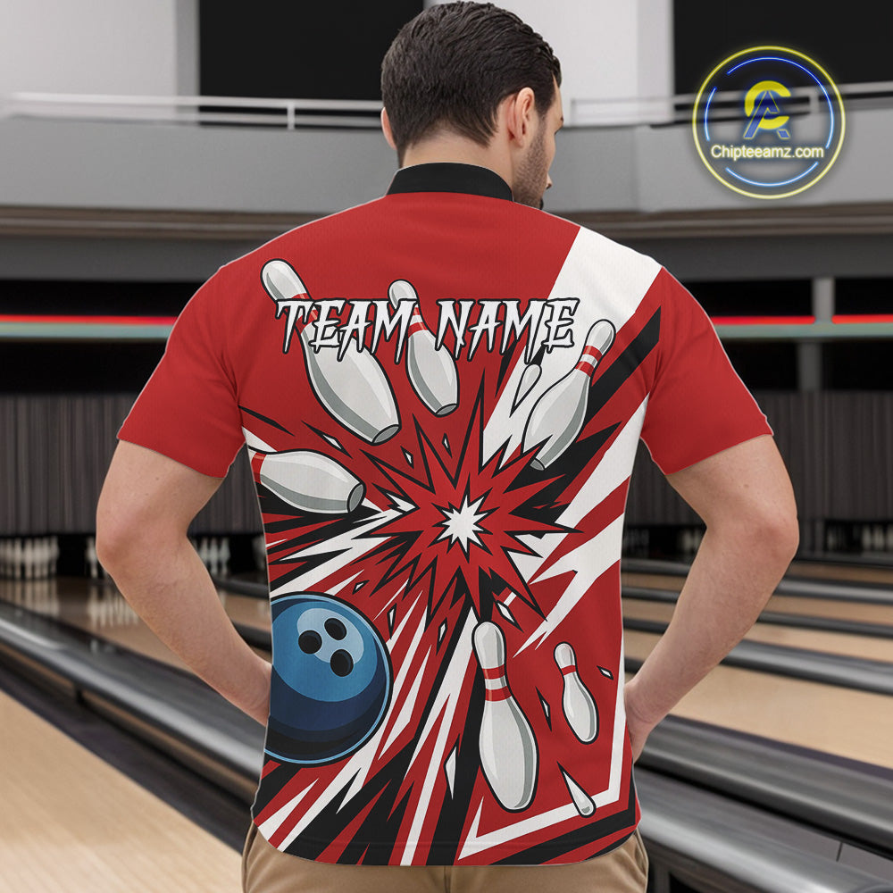 Custom Red Bowling Polo, Quarter Zip Shirts, Team Bowling Uniforms League Shirts