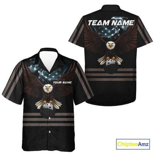 Eagle US Flag Black retro Bowling Hawaiian Shirt Custom patriotic vintage Bowling Team Outfit
