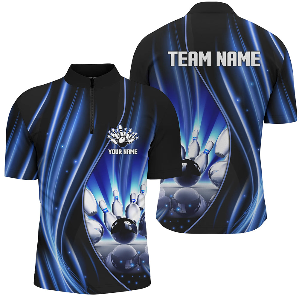 Blue and black light bowling Quarter Zip Shirt Custom league jerseys, personalized bowling gift