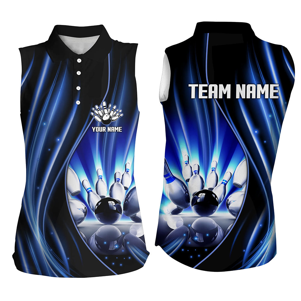 Blue and black light Bowling sleeveless Polos Custom league jerseys, personalized bowling gift