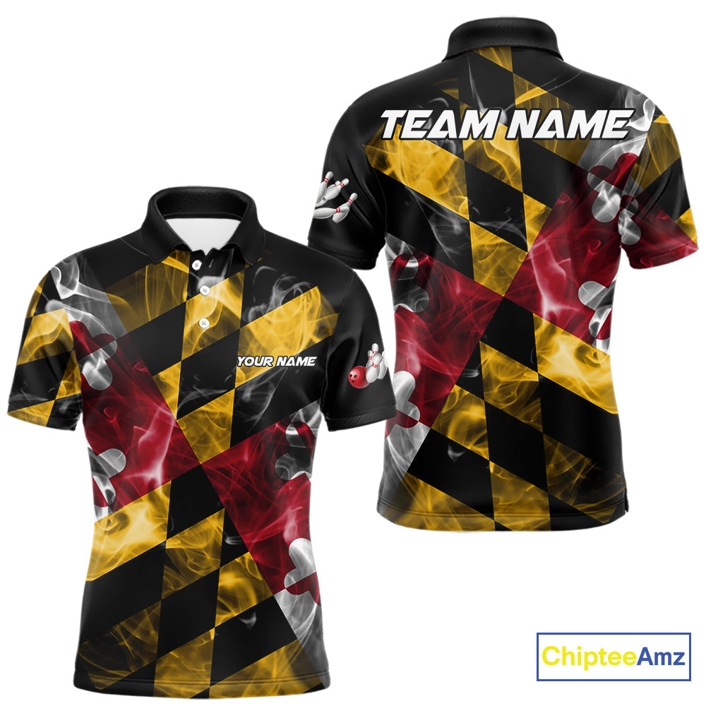 Smoke Maryland Flag Black Bowling Polo, 1/4 Zip shirt Custom patriotic Team bowling jersey