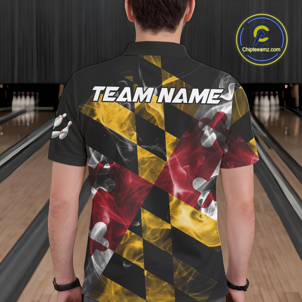 Smoke Maryland Flag Black Bowling Polo, 1/4 Zip shirt Custom patriotic Team bowling jersey