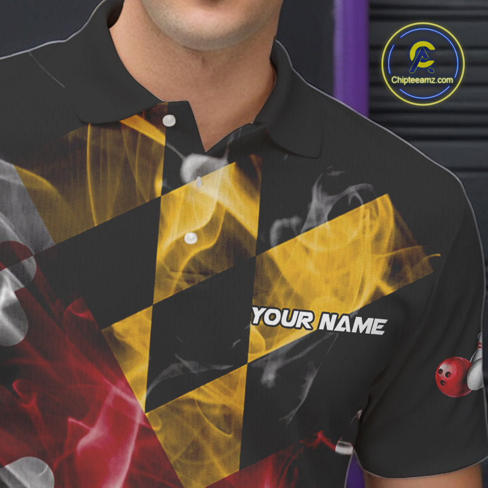 Smoke Maryland Flag Black Bowling Polo, 1/4 Zip shirt Custom patriotic Team bowling jersey